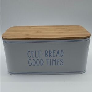 White Metal Bread Box w/Wooden Lid